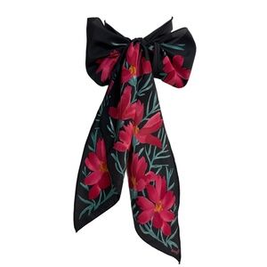 Vintage Vera Floral Skinny Scarf – Black Ribbon Scarf with Red Flowers
